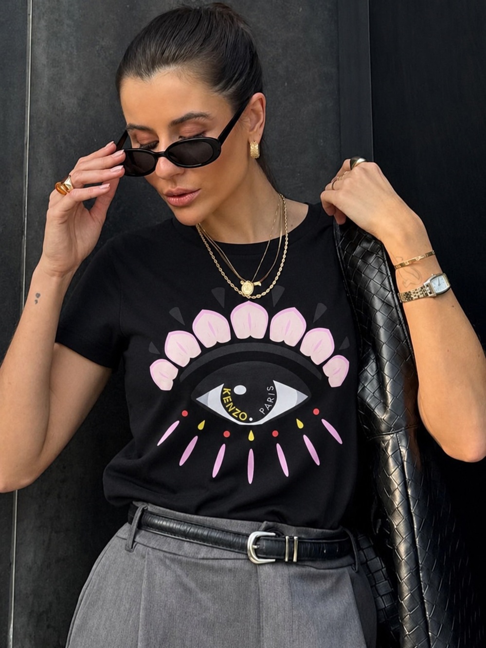 Kenzo Paris Eye Graphic Tee XS Black Pink Designer Cotton T Shirt Logo Top